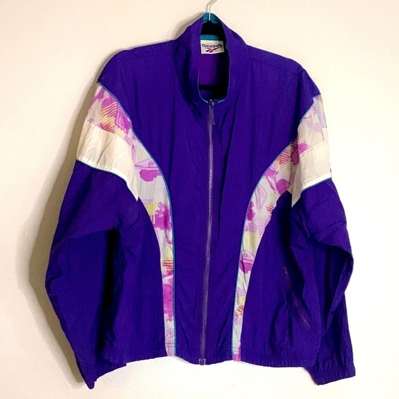 Vintage 1980s Reebok zip up windbreaker jacket purple print large women’s - Picture 1 of 8